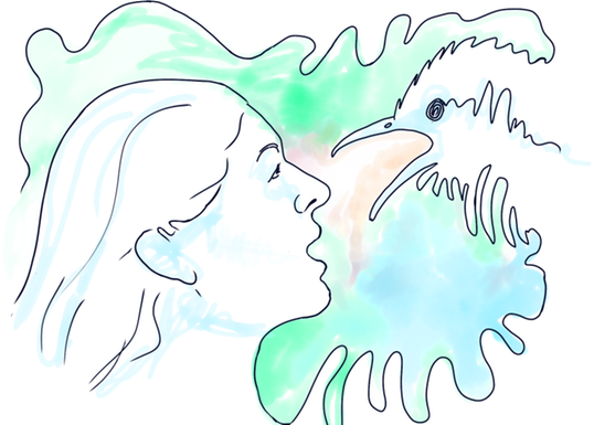 Illustration av människoansikte och fågelhuvud