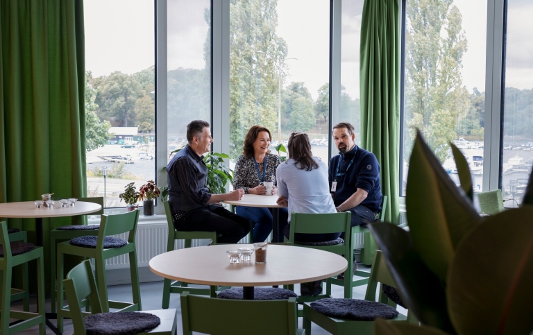 Fyra personer kring ett lunchbord