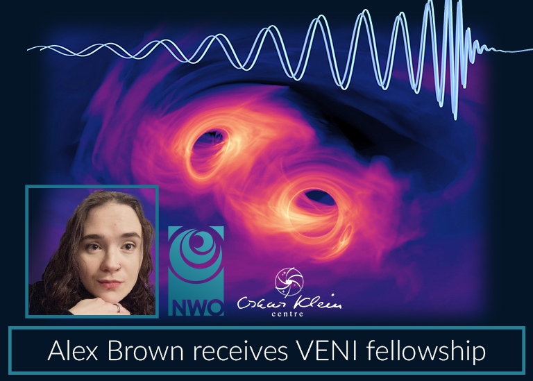 Composite image of two mergin black holes, headshot of Alex Brown and logotypes.