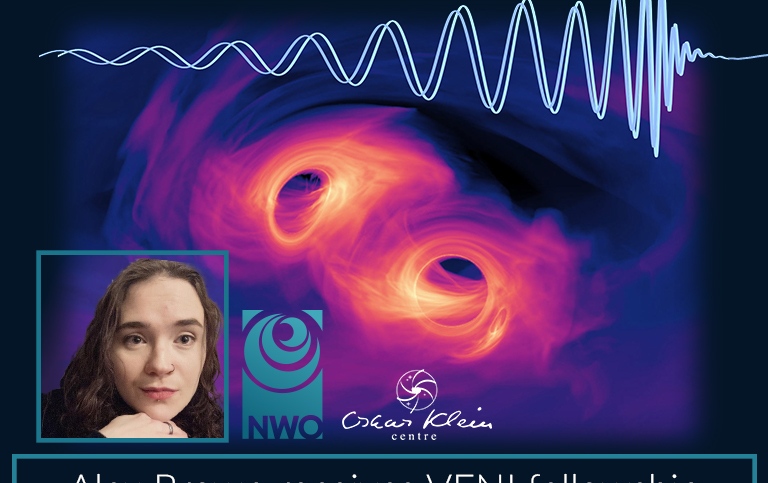 Composite image of two mergin black holes, headshot of Alex Brown and logotypes. 