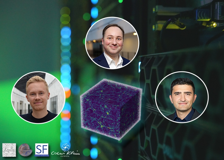 Image of the three main authors on top of a picture of sunrise, the Fysikum Super computer.