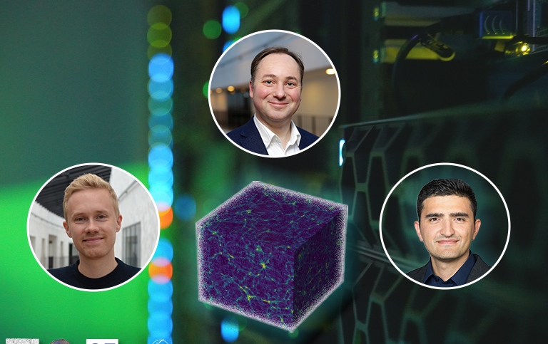 Image of the three main authors on top of a picture of sunrise, the Fysikum Super computer.