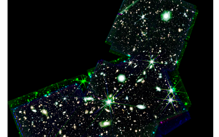 Color composite image of the data used in this work. In this picture images in three different filters have been combined to make a color image. The color channels use data from a NIRCam filter at approximate wavelengths of 3.6 (red), 2.0 (green), and 1.5 (blue) micrometers. The three filters used in this composite do not cover the same area, so the edges are only seen in blue and green. The dataset is able to detect nearly 100000 galaxies in a region of the sky whose are is around 2% of the Moon, as shown in the bottom right corner of the image. Credit: ESA/Webb, NASA & CSA, Pablo Peréz-González. Color composite image of the MIDIS-NIRCAM field